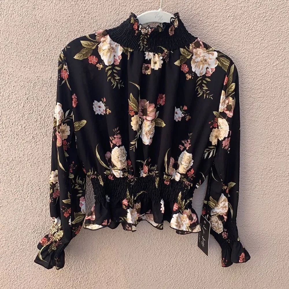Justify Black Rose & Gold Floral Crop Top Sz Small  Zipper Back High Neck New